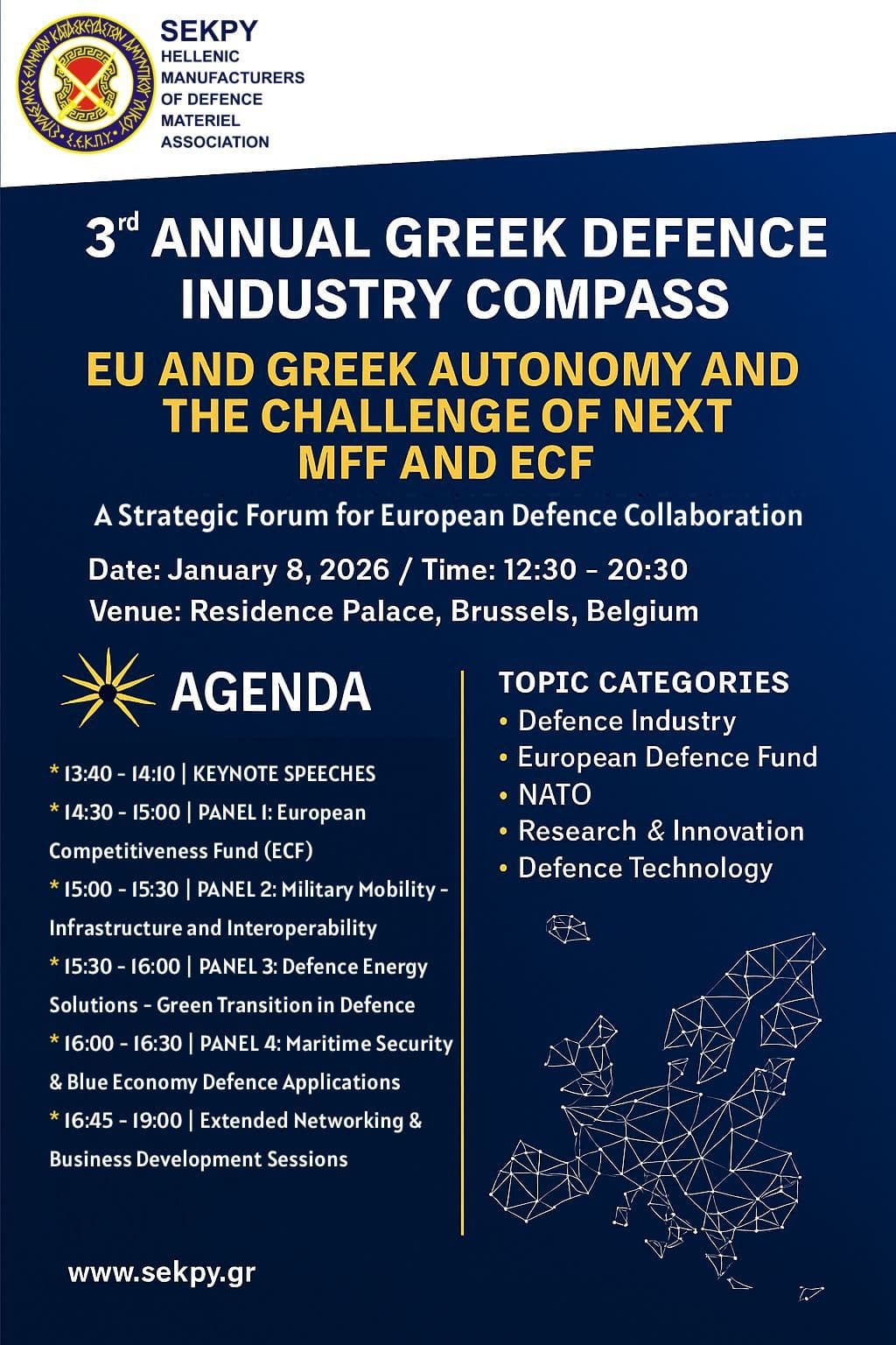 SEKPY 3rd Annual Greek Defence Industry Compass event agenda — EU and Greek Autonomy and the Challenge of Next MFF and ECF, Residence Palace, Brussels, 8 January 2026